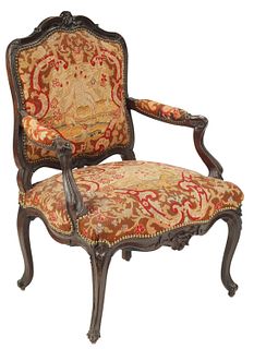 LOUIS XV STYLE NEEDLEPOINT UPHOLSTERED FAUTEUIL