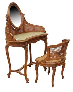 (2) LOUIS XV STYLE CANED WALNUT VANITY & CHAIR