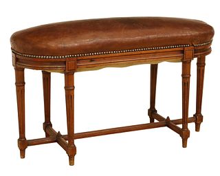 LOUIS XVI STYLE LEATHER UPHOLSTERED WALNUT BENCH