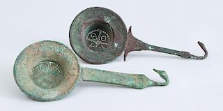TWO ETRUSCAN BRONZE STRAINERS