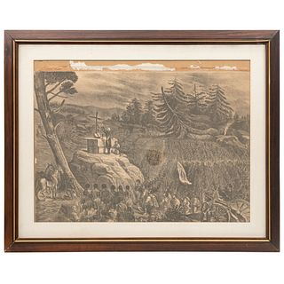 Iriarte, Hesiquio. Misa Previa a la Batalla del Monte de las Cruces. México, 1870. Litografía, 49.5 x 65.5 cm. Enmarcada.
