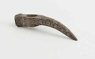 OTTOMAN CORAL AND TURQUOISE-MOUNTED SILVER-INLAID IRON WAR HAMMER HEAD