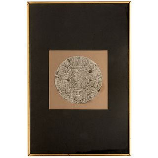 Velasco, José María. Tlaltecuhtli. México: 1884. Tinta sobre papel, 23.5 cm. de diámetro. Firmado y fechado. Enmarcado.