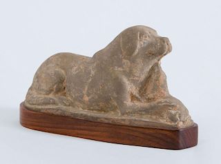 CHINESE GREY POTTERY RECUMBENT DOG WITH PUPPY
