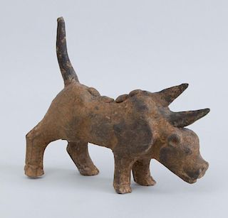 CHINESE GREY POTTERY FIGURE OF A BICORN BEAST, POSSIBLY WESTERN JIN DYNASTY