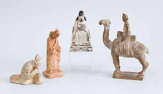 GROUP OF THREE CHINESE TANG TYPE POTTERY FIGURES AND A GLAZED POTTERY FIGURE OF A NOBLEMAN