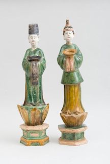PAIR OF CHINESE SANCAI-GLAZED POTTERY FIGURES OF ATTENDANTS