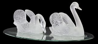 3) LALIQUE FROSTED CRYSTAL SWAN MIRROR CENTERPIECE