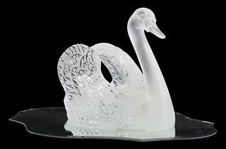  LALIQUE FROSTED CRYSTAL SWAN MIRROR CENTERPIECE