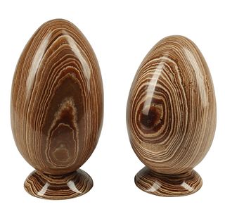 (2) CARVED BANDED AGATE EGGS ON STANDS, 11.5"H