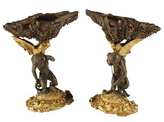 (2) PATINATED & GILT BRONZE ROCAILLE COMPOTES