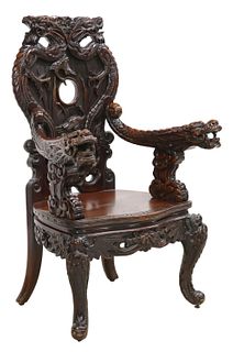 HEAVILY CARVED JAPANESE HARDWOOD DRAGON CHAIR