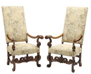 (2) LOUIS XIV STYLE UPHOLSTERED HIGHBACK FAUTEUILS