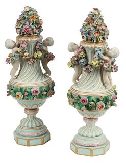 (2) MEISSEN STYLE FLORAL ENCRUSTED VASES & COVERS