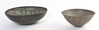 Two Studio Ceramic Bowls, Diameter of larger 13 3/4 inches.
