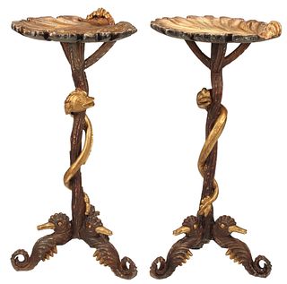 2) GROTTO STYLE PARCEL GILT TALL SIDE TABLES, 40"H