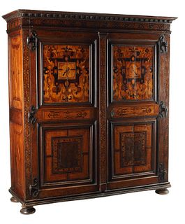 CONTINENTAL PANELED & MARQUETRY INLAID ARMOIRE