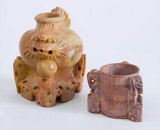 CHINESE CARVED SOFTSTONE GROTESQUE VASE AND A CYLINDRICAL CUP WITH MONKEY SUPPORTS