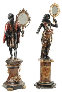 (2) VENETIAN POLYCHROME FIGURES WITH MIRRORS, 70"H
