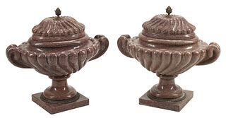(2) RENAISSANCE STYLE STONE URNS WITH COVERS