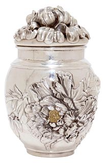 JAPANESE PEONY FLOWER REPOUSSE SILVER TEA CADDY