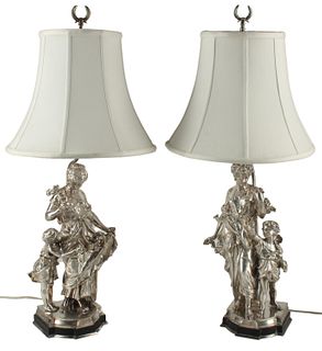 (2) SILVERED METAL FIGURAL TABLE LAMPS & SHADES