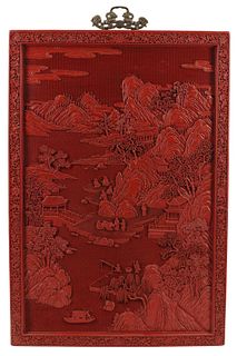 LARGE CHINESE CINNABAR STYLE LANDSCAPE WALL PANEL