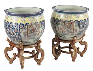 (2) LARGE CHINESE PORCELAIN FISHBOWLS ON STANDS