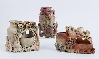 THREE CHINESE CARVED SOFTSTONE VASES WITH FLORAL BRANCHES