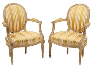 2) LOUIS XVI STYLE PAINTED & UPHOLSTERED FAUTEUILS
