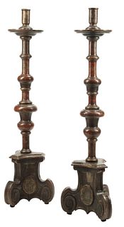2) BAROQUE STYLE CARVED PAINTED FLOOR CANDLESTICKS