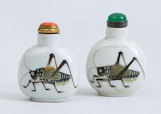 TWO SIMILAR CHINESE PORCELAIN PILGRIM BOTTLE-FORM SNUFF BOTTLES AND STOPPERS