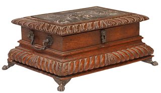 CONTINENTAL REPOUSSE SILVER MOUNTED OAK TABLE BOX