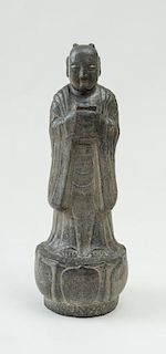 CHINESE TANG STYLE CARVED STONE FIGURE OF AN ACOLYTE