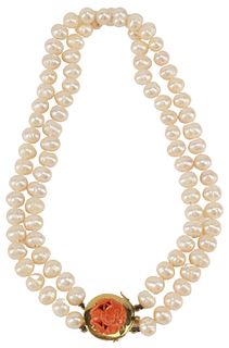 ESTATE DOUBLE STRAND PEARL & 18KT CORAL NECKLACE
