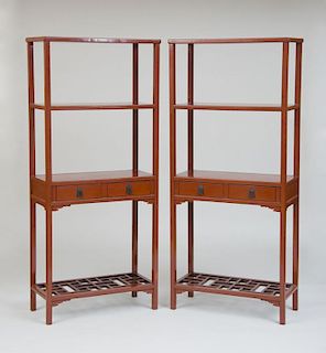 PAIR OF CHINESE RED LACQUER ÉTAGÈRES