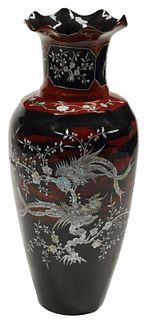 LARGE ASIAN MOTHER-OF-PEARL INLAID LACQUER VASE