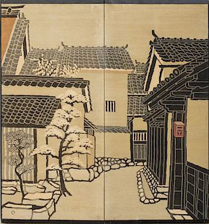 TWO JAPANESE SILK TWO PANEL SCREENS