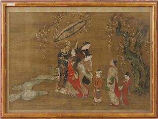 UKIYO-E SCHOOL: A CHINESE NOBLEMAN AND JAPANESE COURTESANS VIEWING A CHERRY BLOSSOM