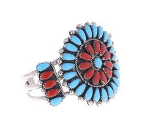 Navajo Silver Turquoise Red Branch Coral Bracelet