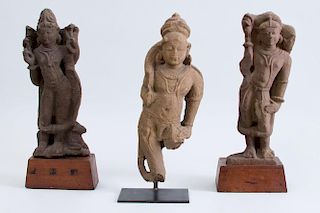 GROUP OF THREE CENTRAL INDIAN CARVED SANDSTONE FIGURES OF DEITIES