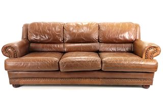 Genuine Leather Three Seat Couch W/ Brass Studs