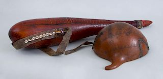 TRIBAL BEADED LEATHER AND COWRIE-MOUNTED GOURD INSTRUMENT