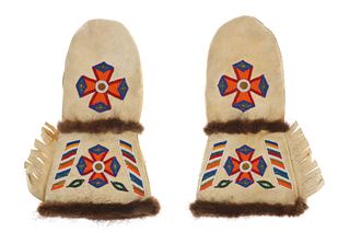 20th C. Athabascan Beaded Gauntlet Glove Mittens