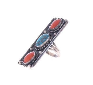 Navajo Silver Turquoise & Red Branch Coral Ring
