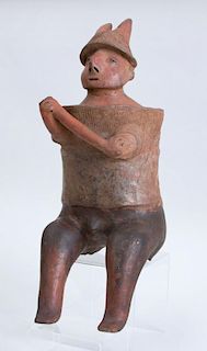 NAYARIT PROTOCLASSICAL RED-GROUND POTTERY SEATED MALE WARRIOR