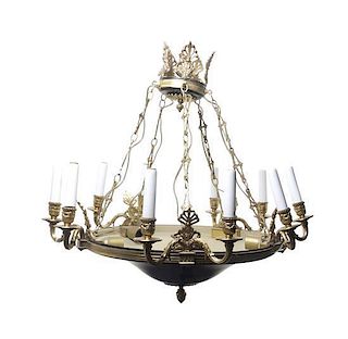 A French Empire Style Brass and Tole Ten-Light Chandelier, Diameter overall approximately 26 inches.