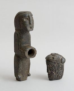 TWO SOUTH AMERICAN FIGURAL CARVED STONE PIPES