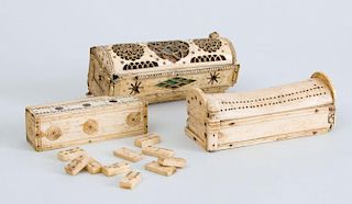THREE CONTINENTAL CARVED BONE DOMINO CASKETS, POSSIBLY FRENCH