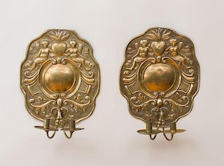 PAIR OF FLEMISH BAROQUE BRASS REPOUSSÉ TWO-LIGHT SCONCES, POSSIBLY ANGLO-DUTCH